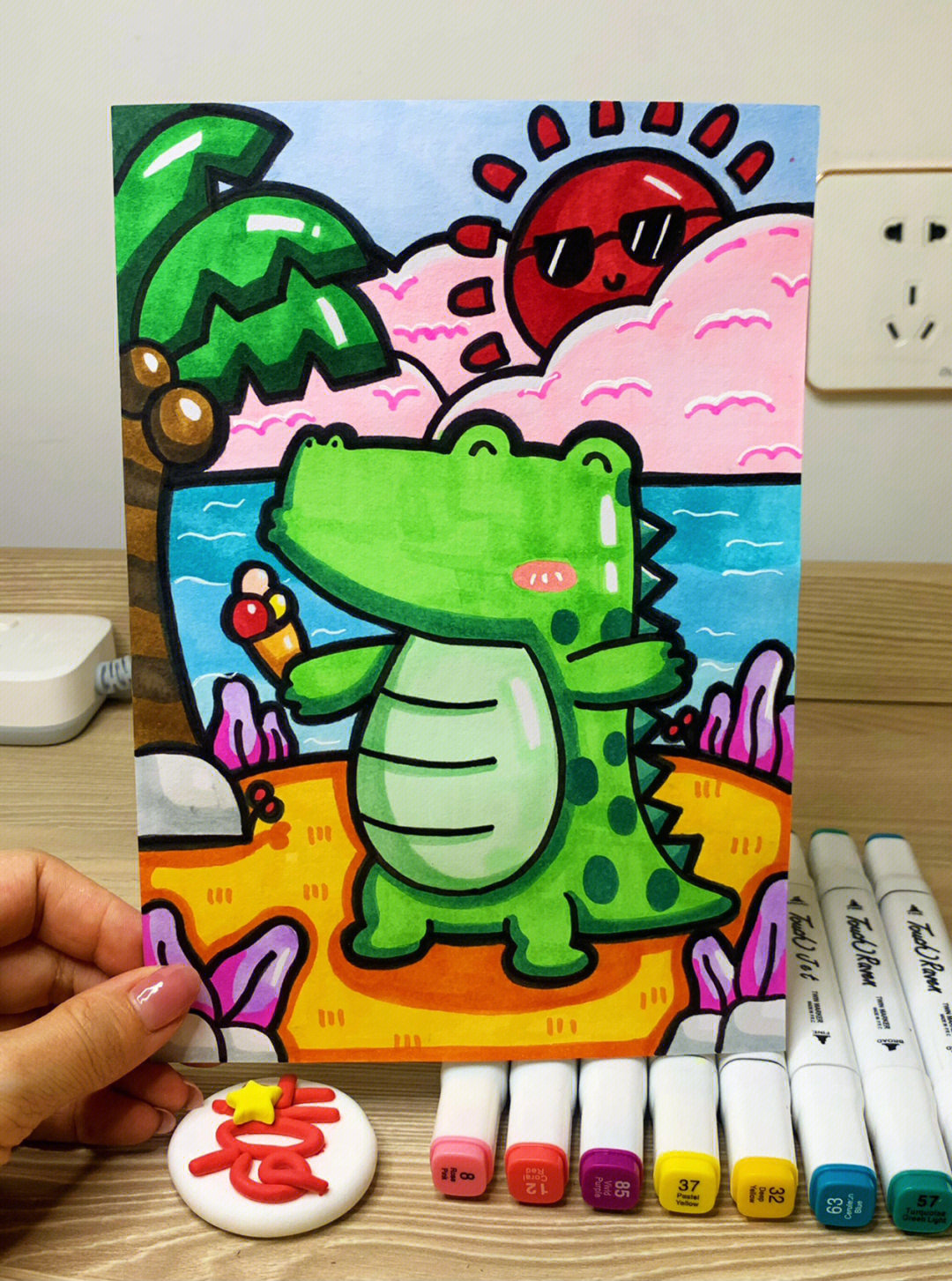 快乐的小鳄鱼图片版马克笔手绘卡通附色号