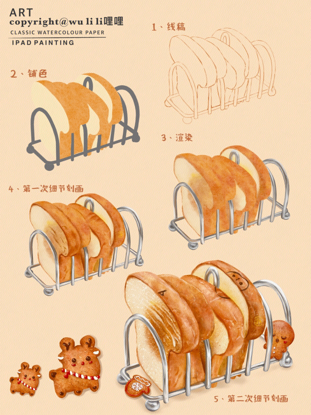 ipad水彩焦焦的烤面包片附过程