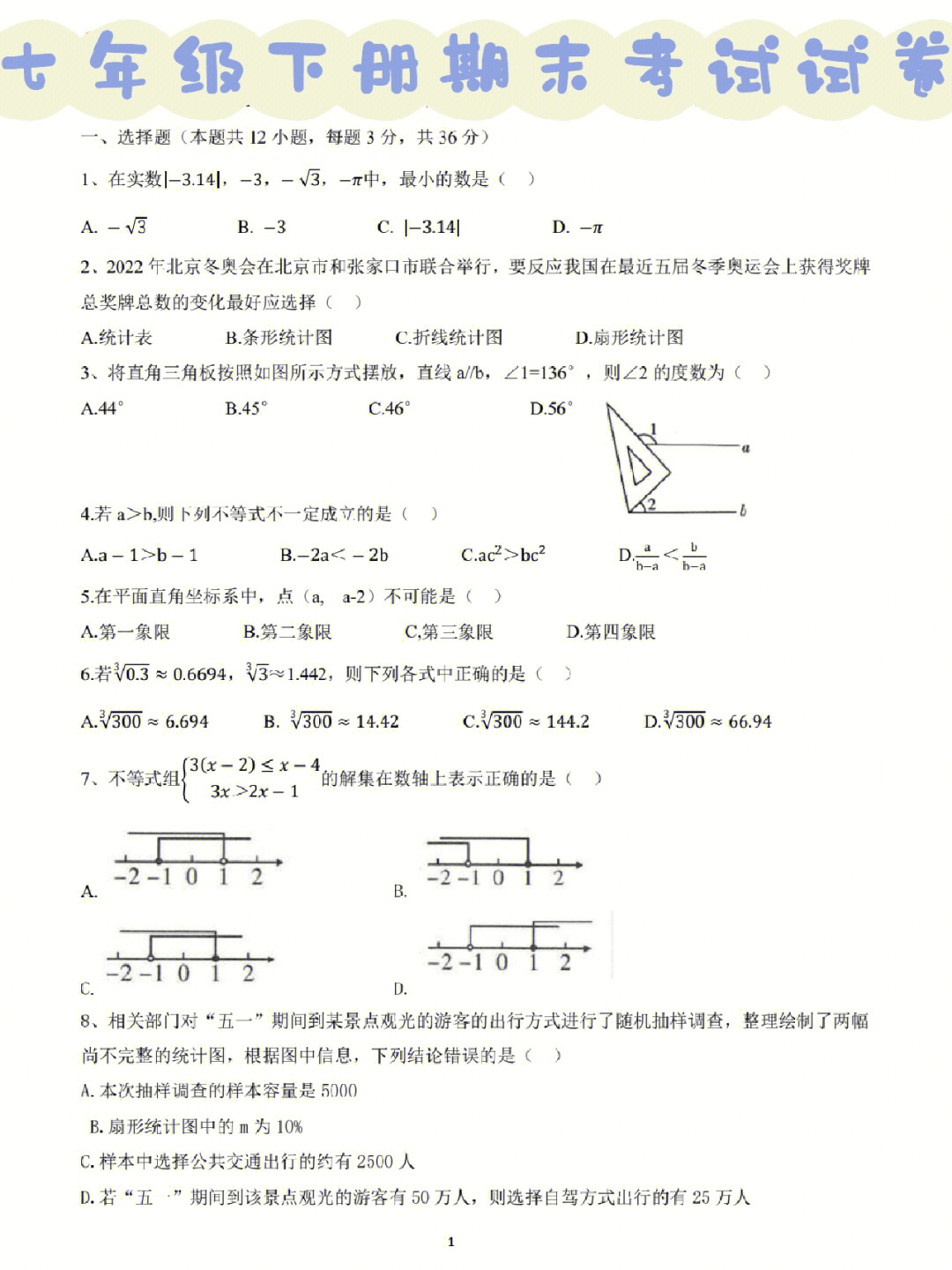 七年级下册数学期末考试试卷来了