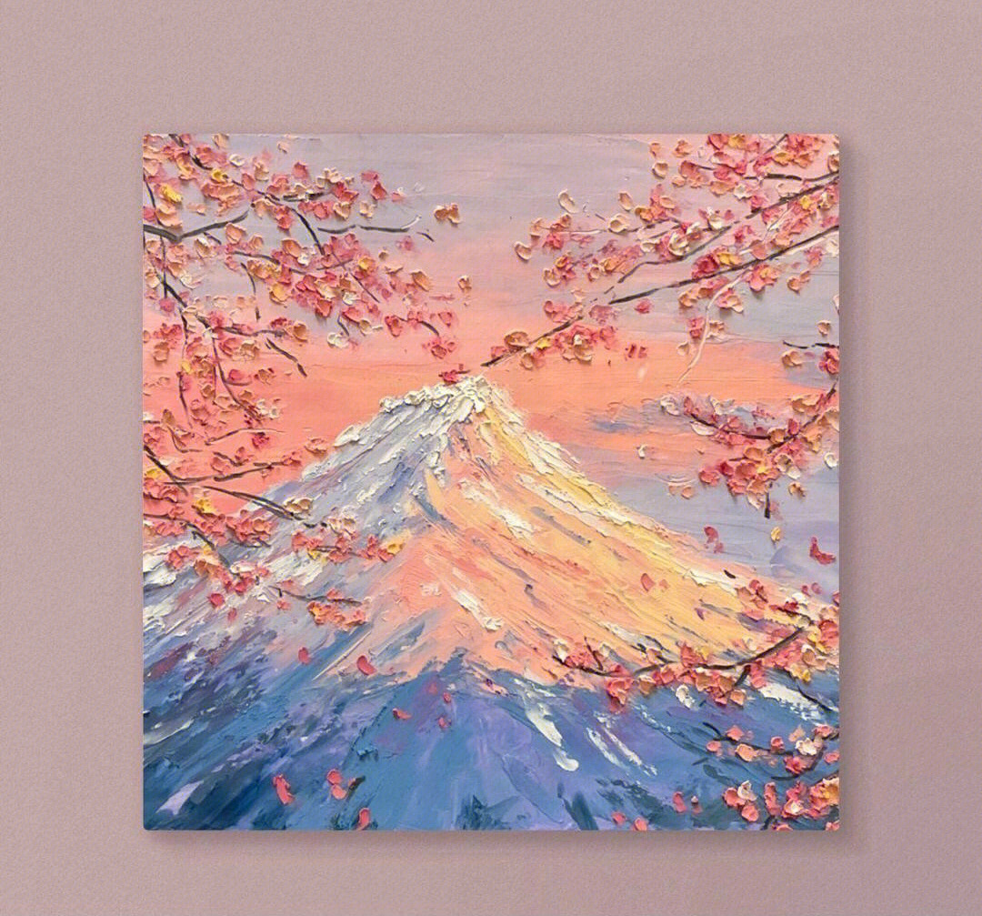 油画棒风景作品樱花富士山附色号步骤油画棒