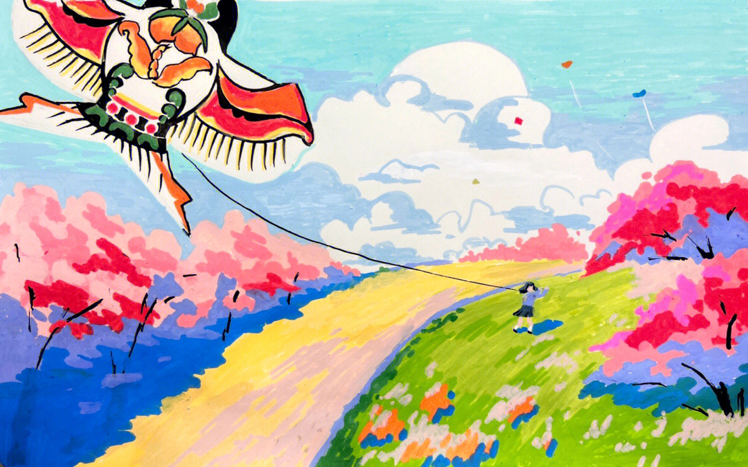 丙烯马克笔樱花系列5内有过程图放风筝