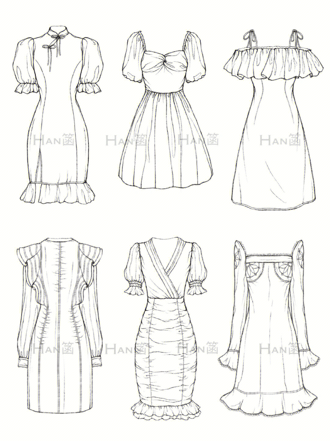 服装设计手绘裙子款式图线稿图手稿图参考