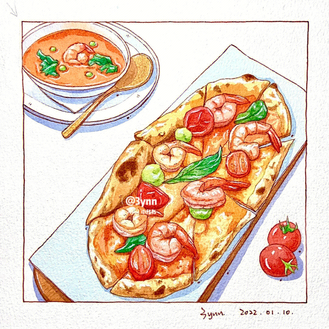 海鲜披萨水彩手绘过程