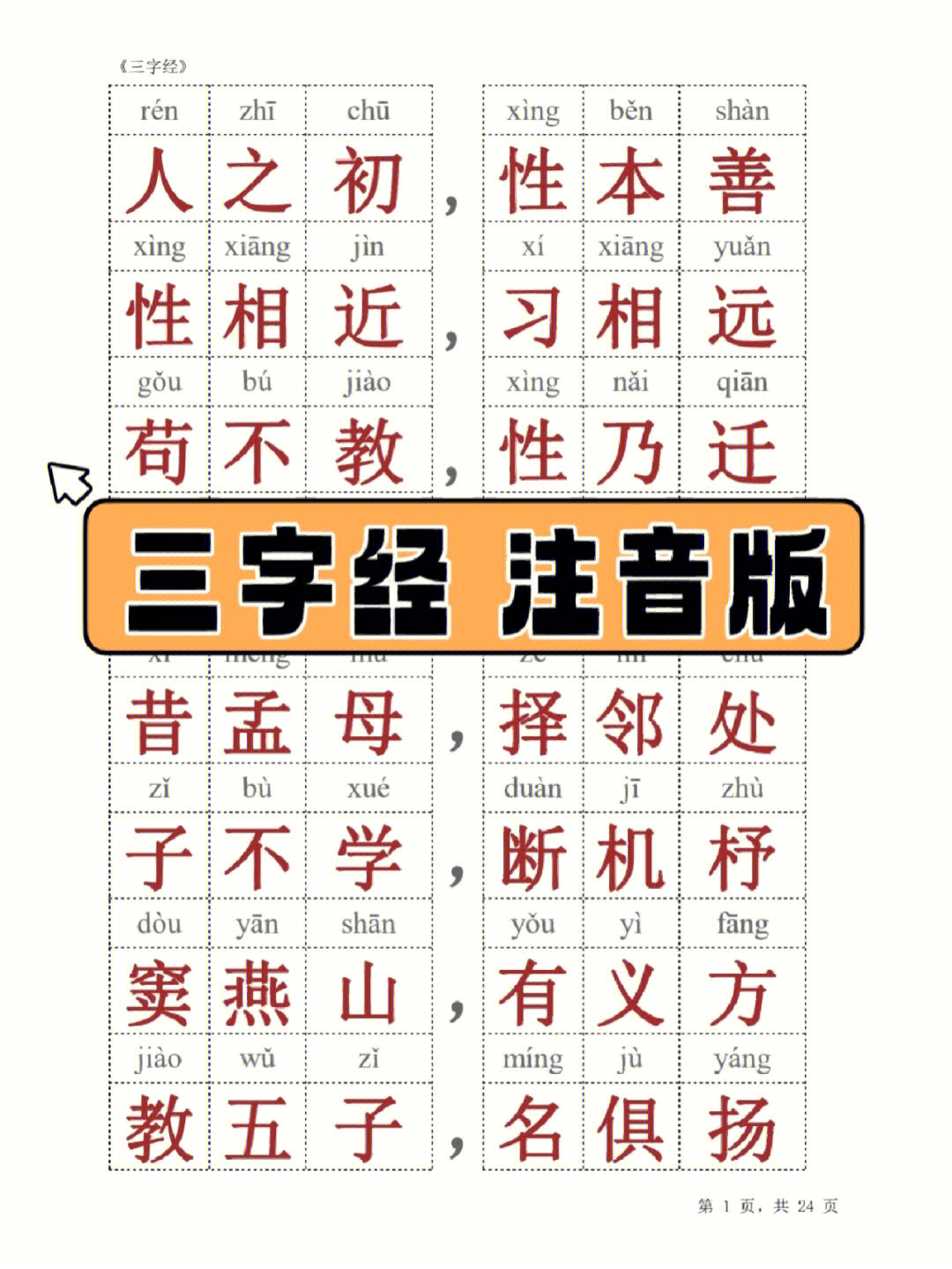 《三字经》短小精悍,朗朗上口,能培养孩子语感,韵律感,打印出出来作为