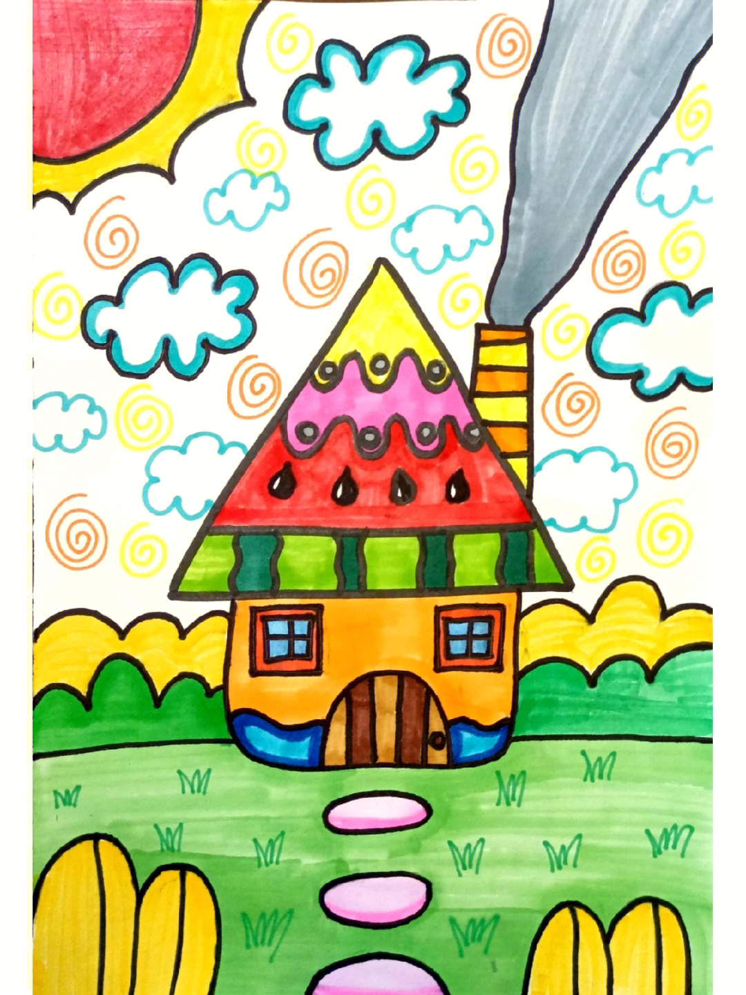 儿童画西瓜房子附绘画成果