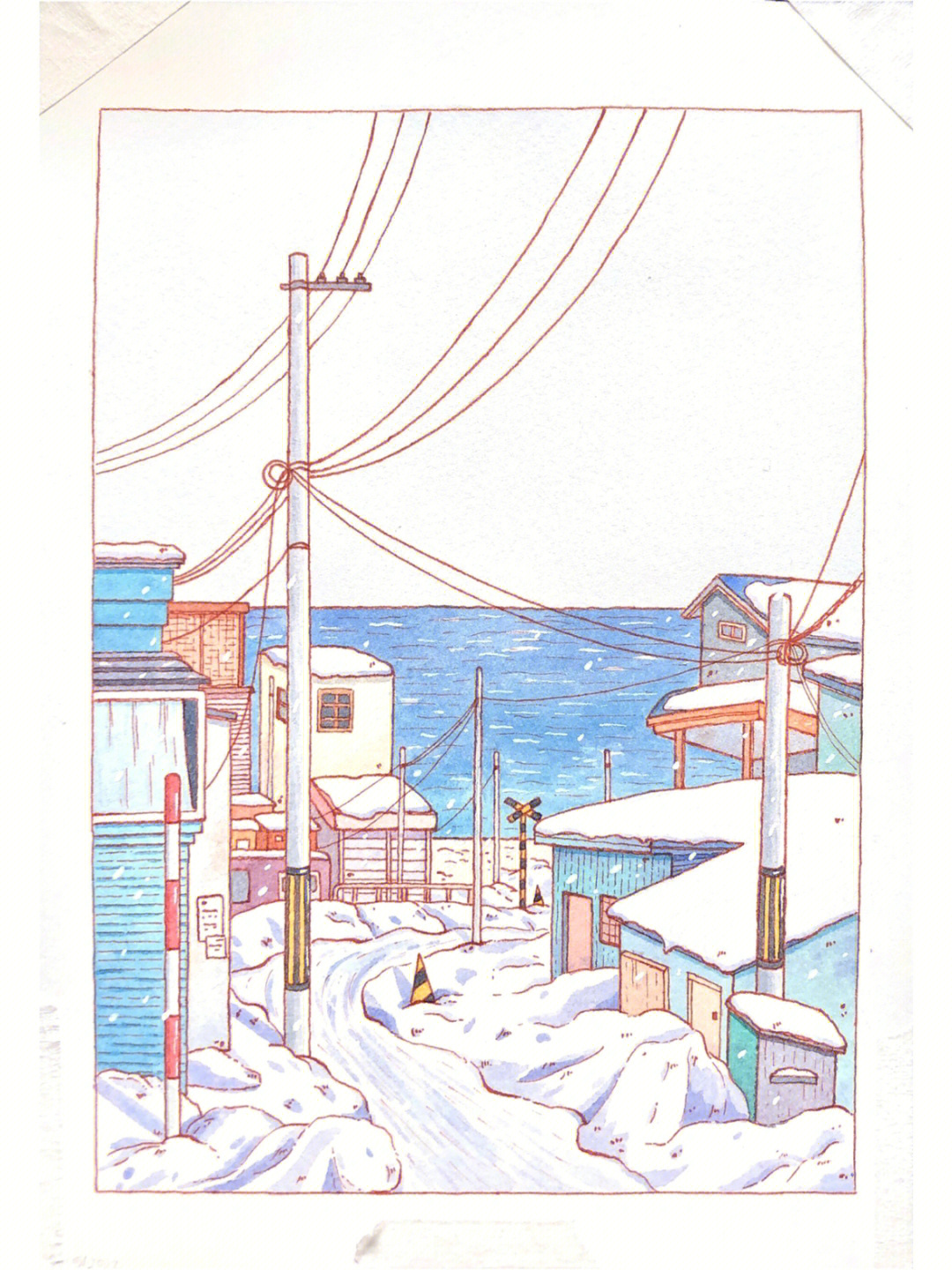 海边雪景素描图片