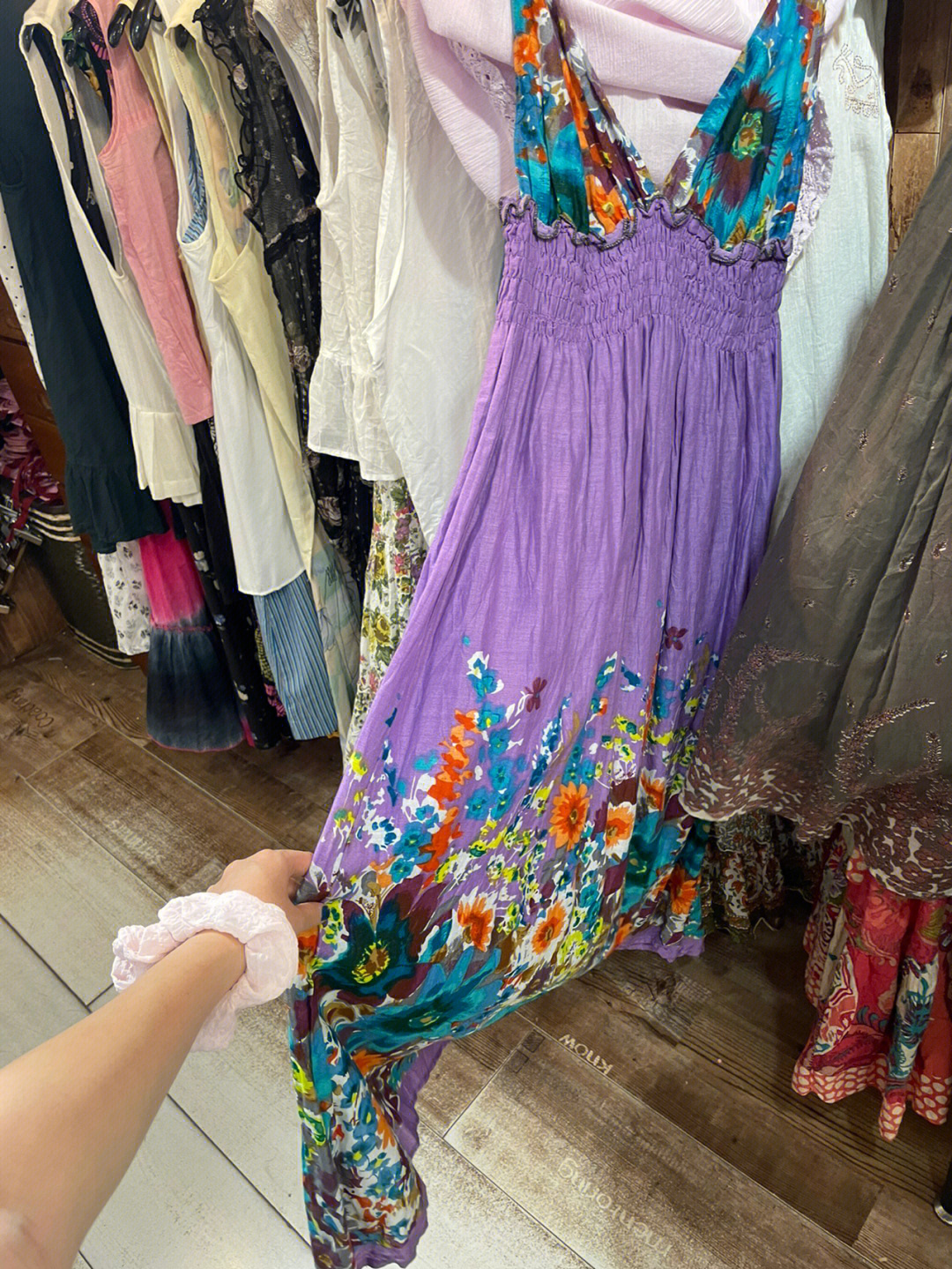 古着vintage紫色印花吊带连衣长裙