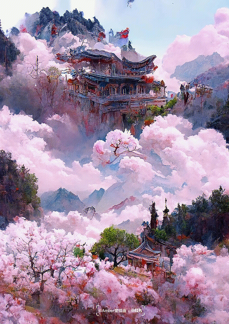 ai插画人间四月芳菲尽山寺桃花始盛开