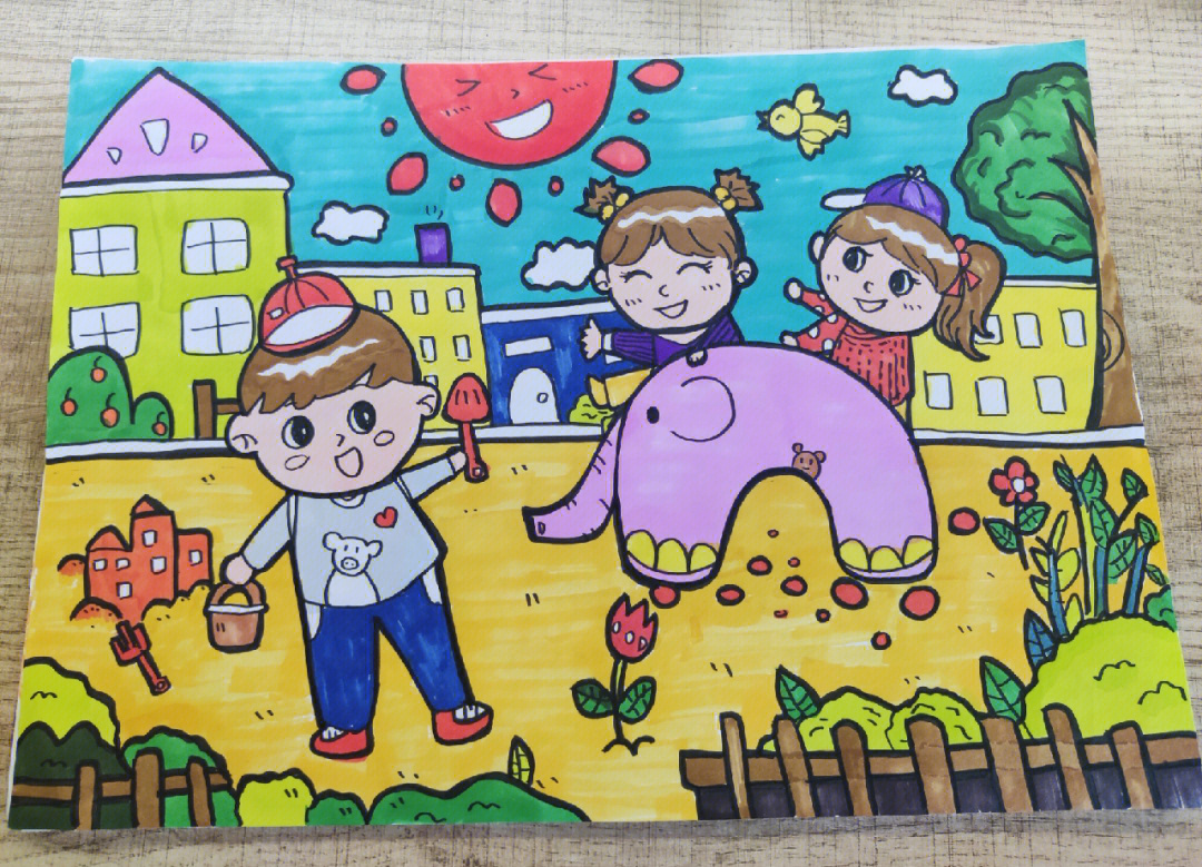幼儿招聘儿童画主题画练习幼儿园滑梯上色