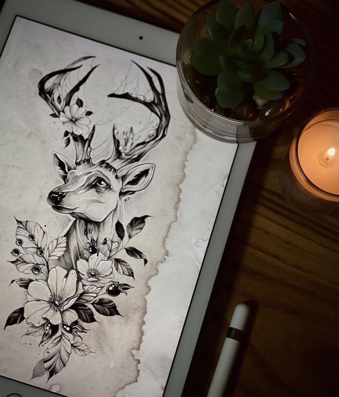 水墨鹿纹身图案手稿图片