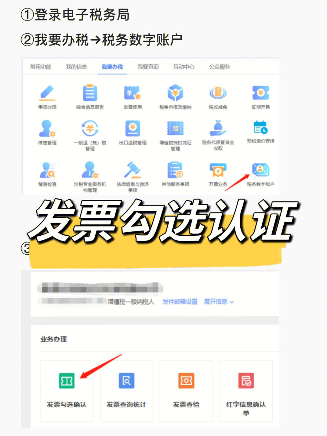 ①登录电子税务局②我要办税→税务数字账户③发票勾选确认④抵扣类勾