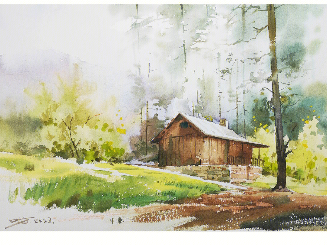 林中小屋水彩画图片