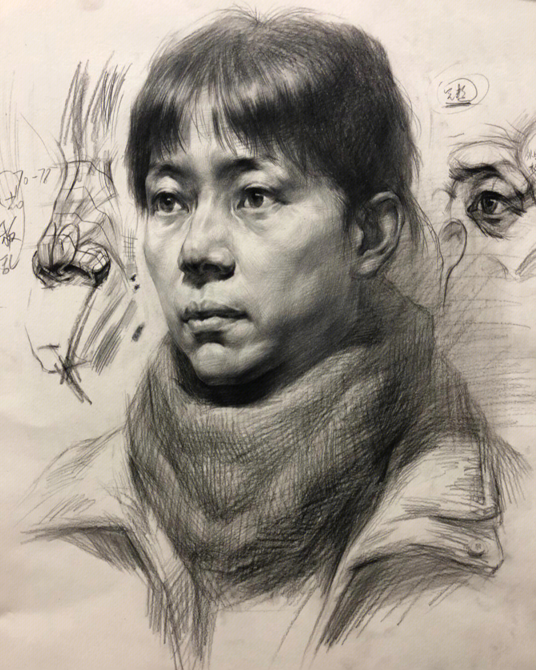 素描头像四分之三侧女青年作画步骤