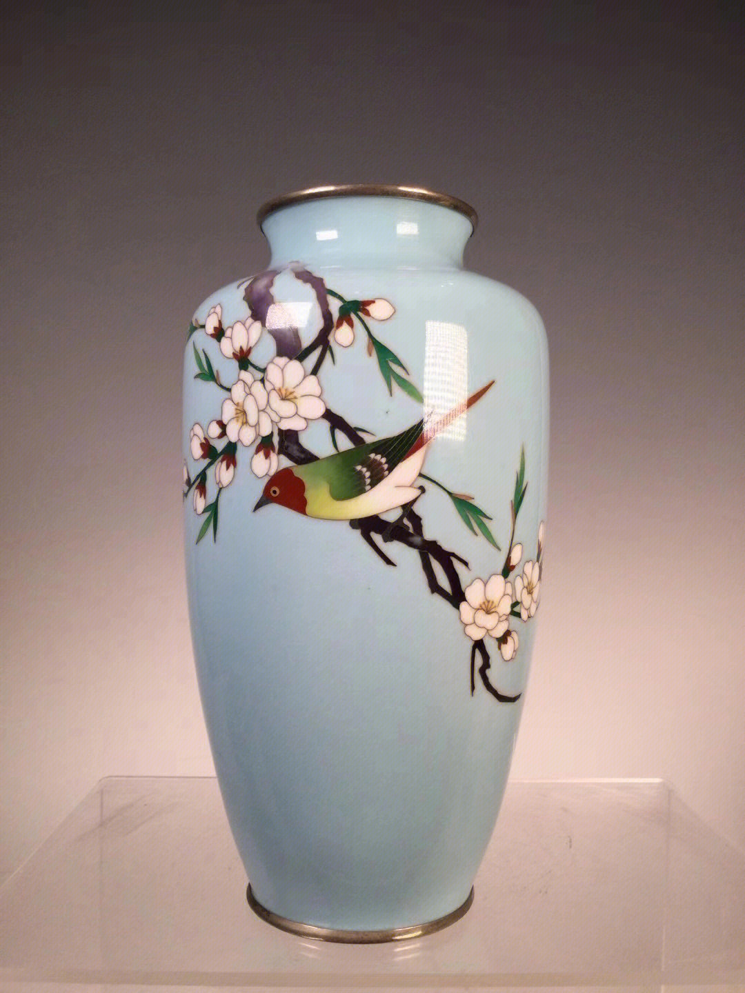 日本95911980年代天蓝色海棠花花鸟纹七宝烧花瓶 全品 高21