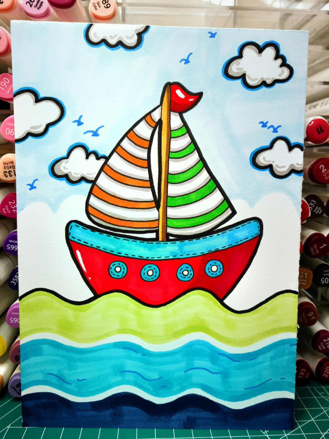 帆船大海马克笔手绘简笔画