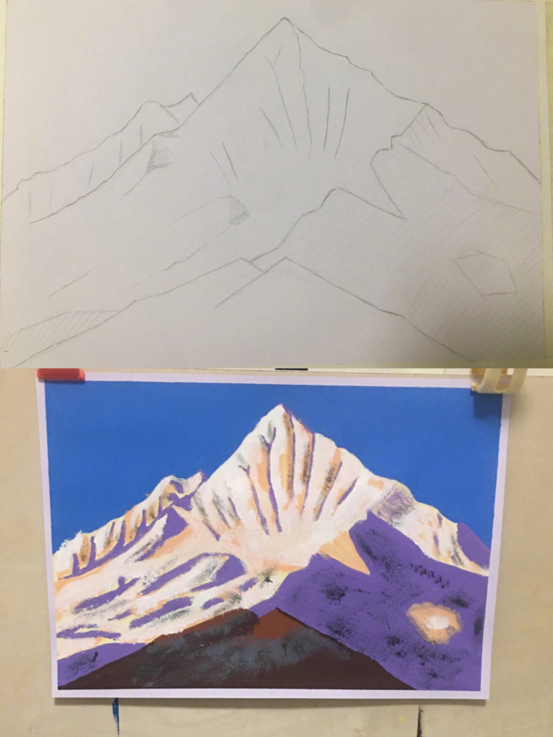 雪山水粉画简单图片