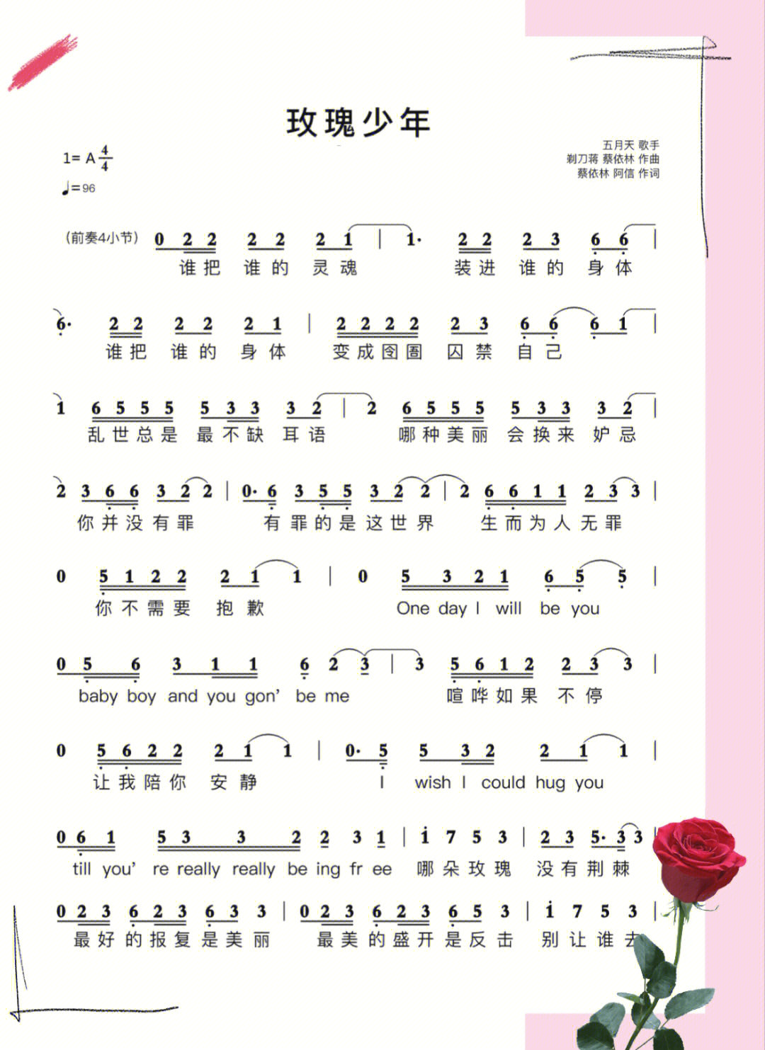 玫瑰少年歌词完整版图片