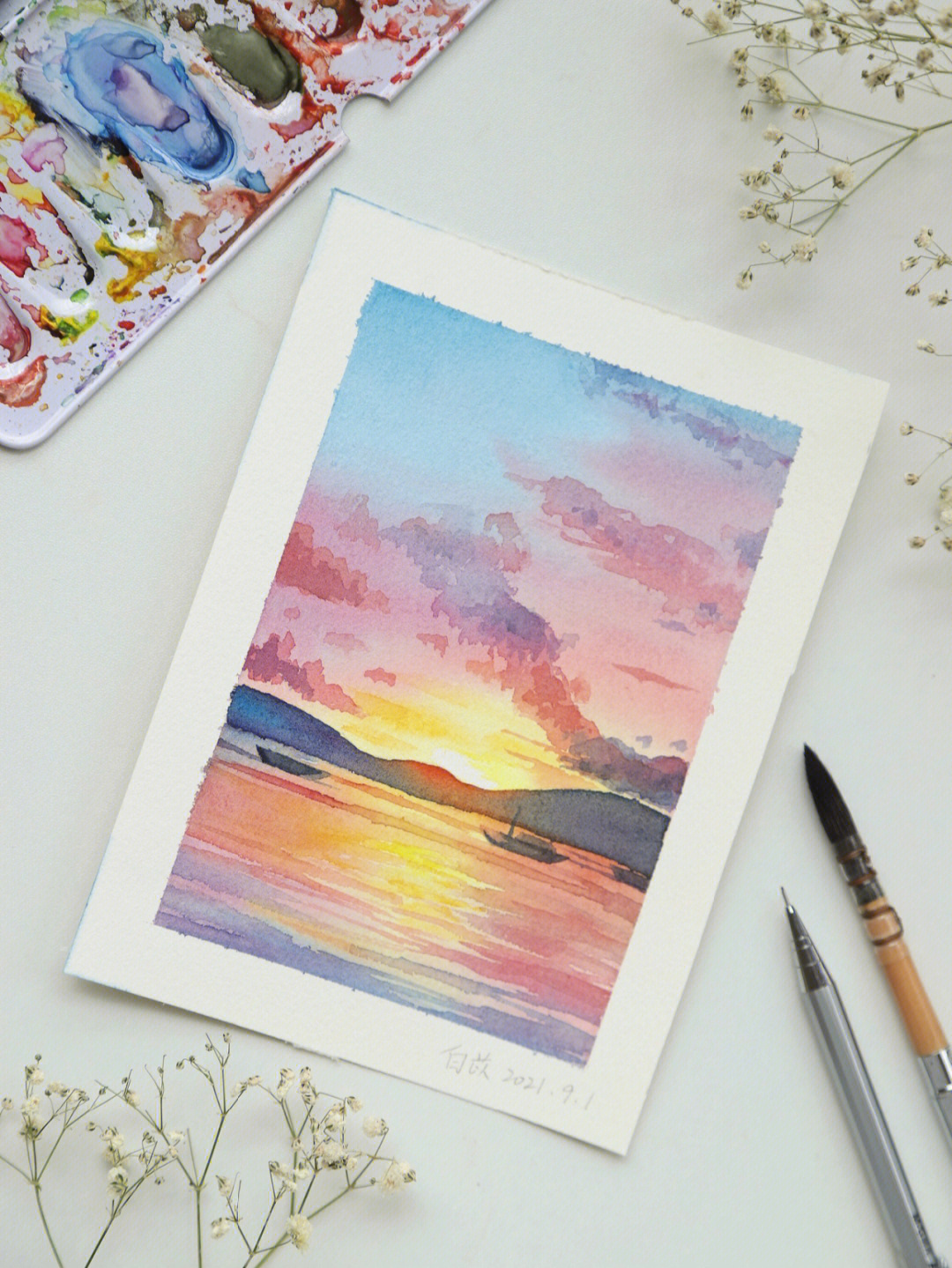 水彩画海边日落图片