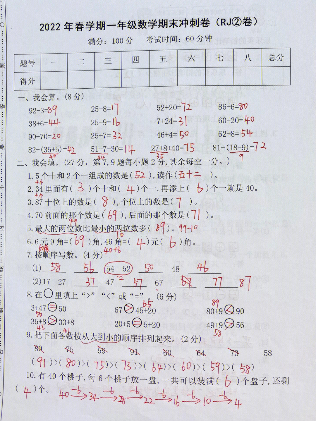 一年级下册数学人教版期末压轴冲刺试卷