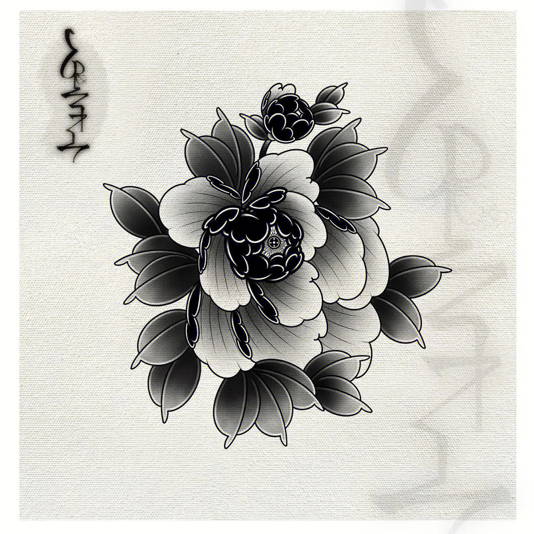 牡丹花纹身手稿黑白图片