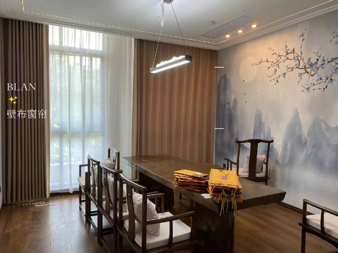 新中式茶馆窗帘壁布安装效果分享