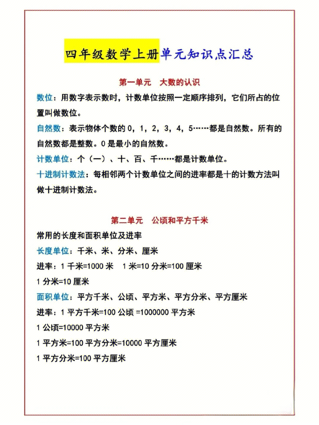 四年级上册人教版单元知识点总结7575常考点