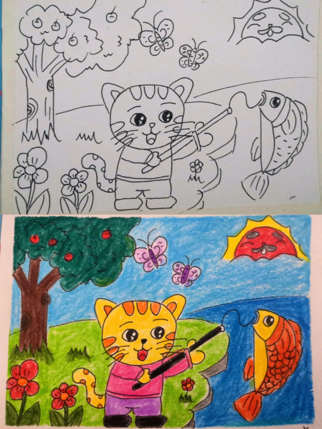 小猫钓鱼简笔画 组图图片