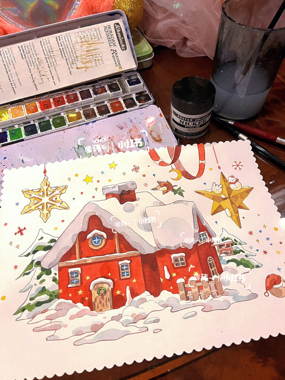 水彩手绘圣诞红房子