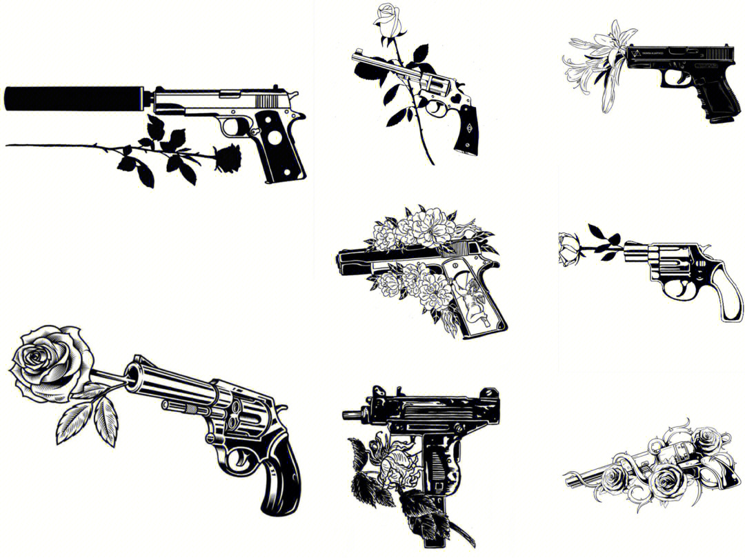纹身手稿枪与花gunflower