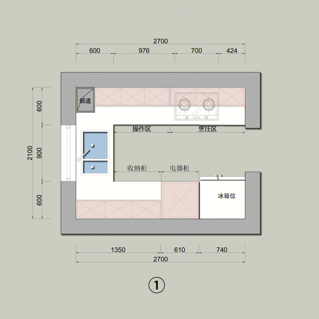 u字型厨房平面图图片