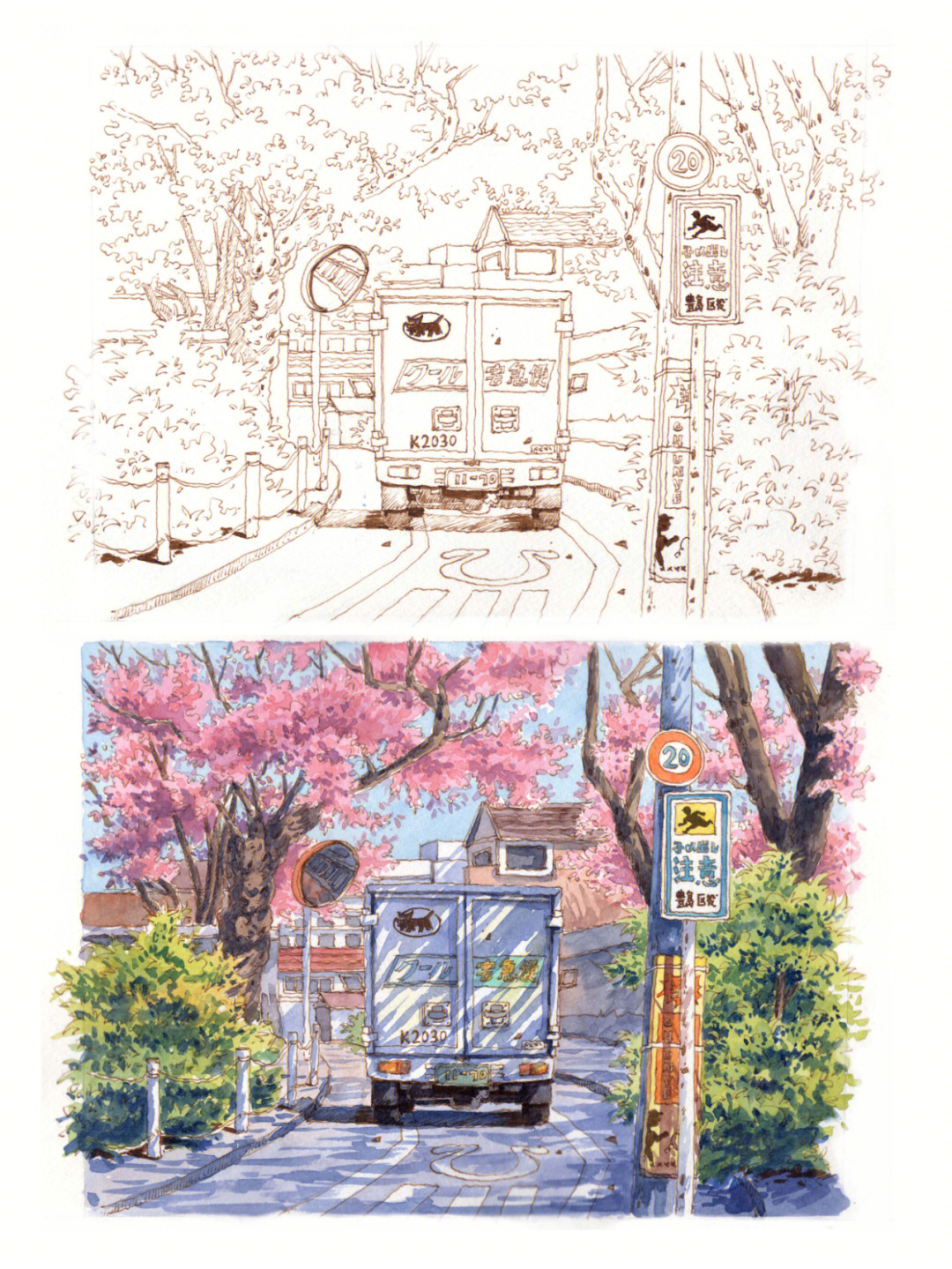 钢笔淡彩樱花盛开的街道绘画过程