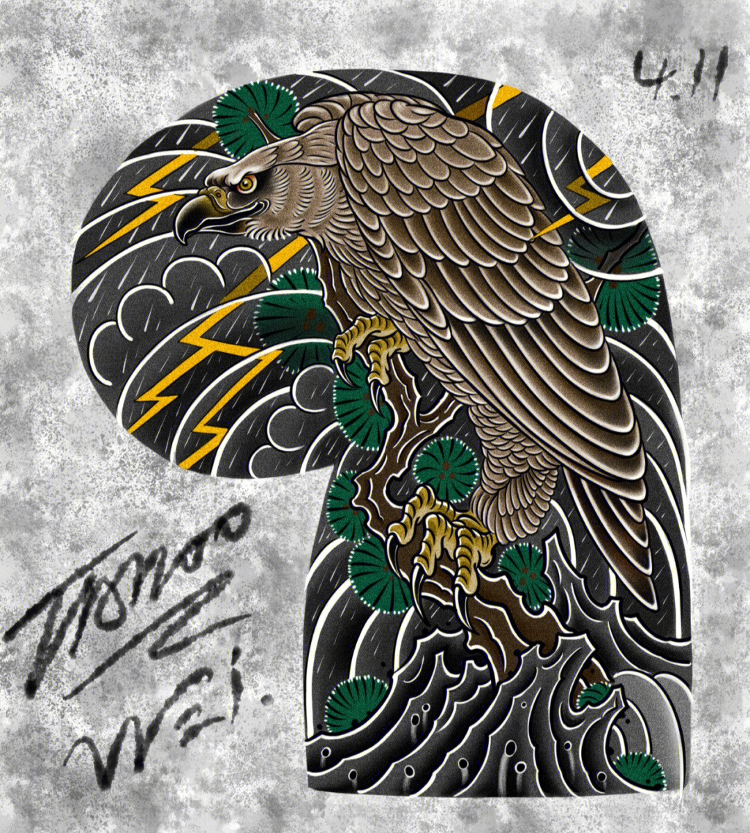 日式老鹰纹身手稿图片