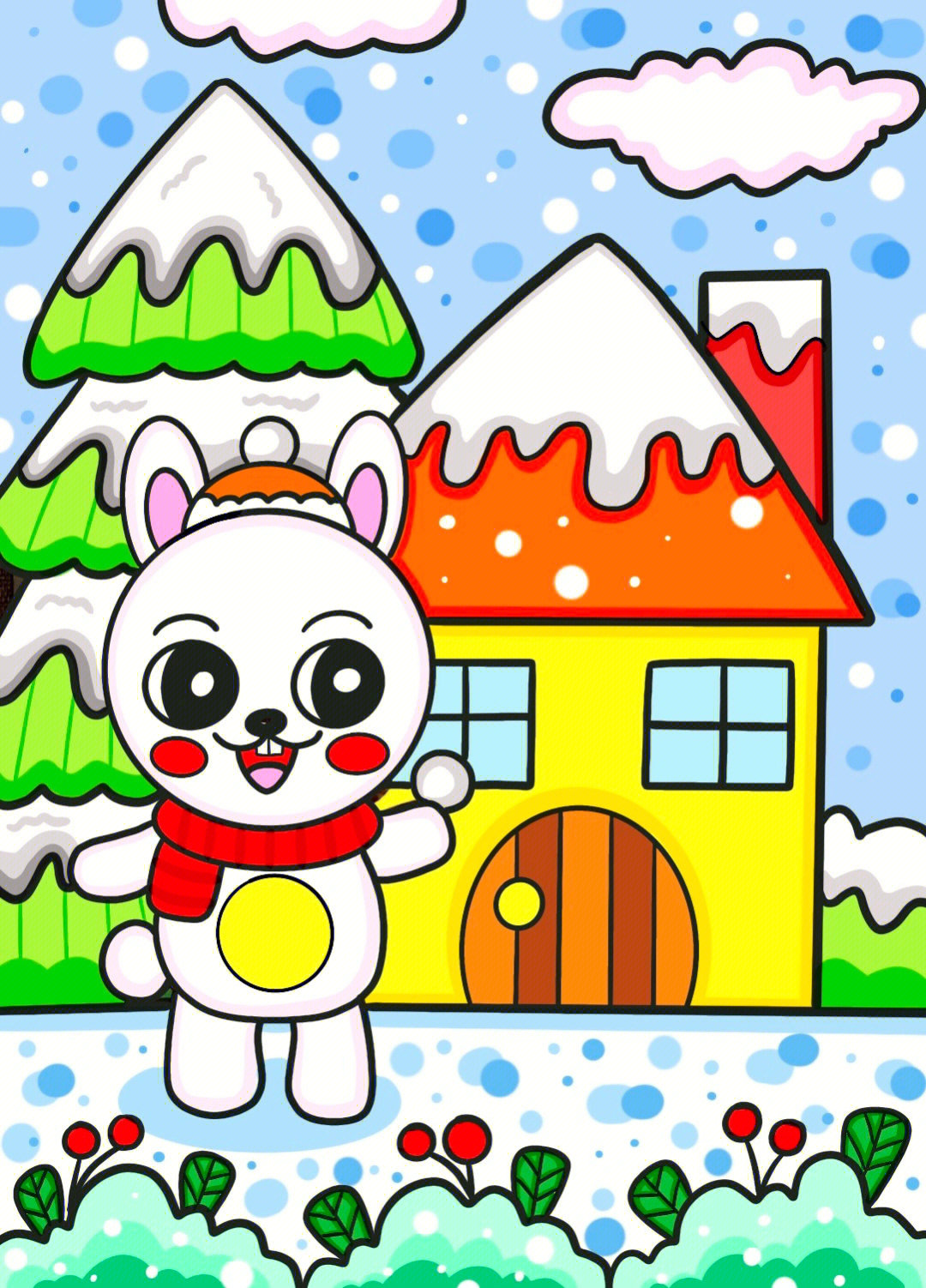冬季小兔子兔年儿童画下雪冬天雪景创意画