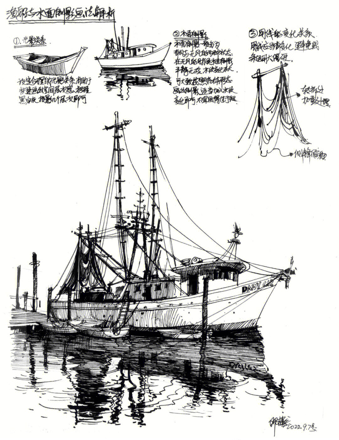 码头渔船速写图片