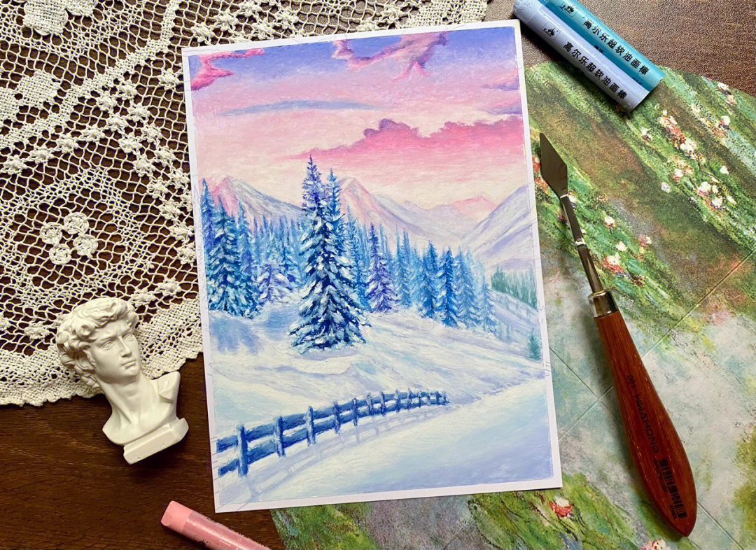 彩铅画雪景树图片