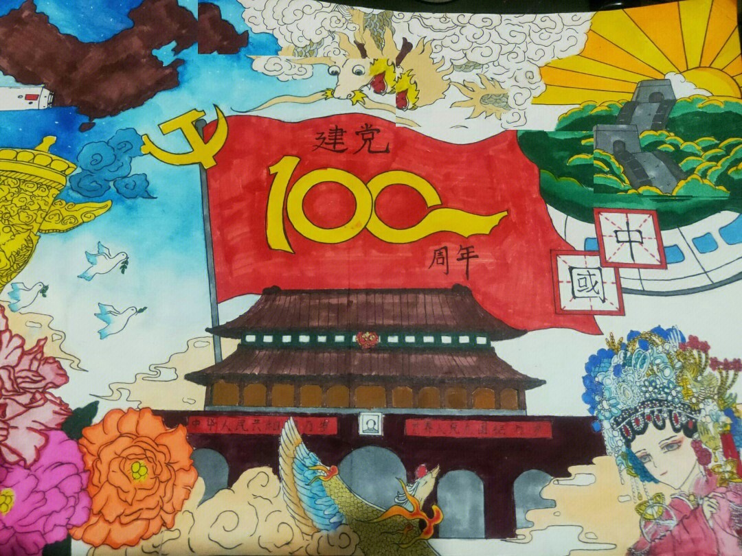 建党100周年的海报手绘图片