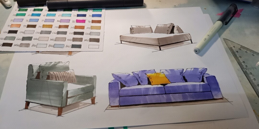 沙发效果图手绘马克笔图片