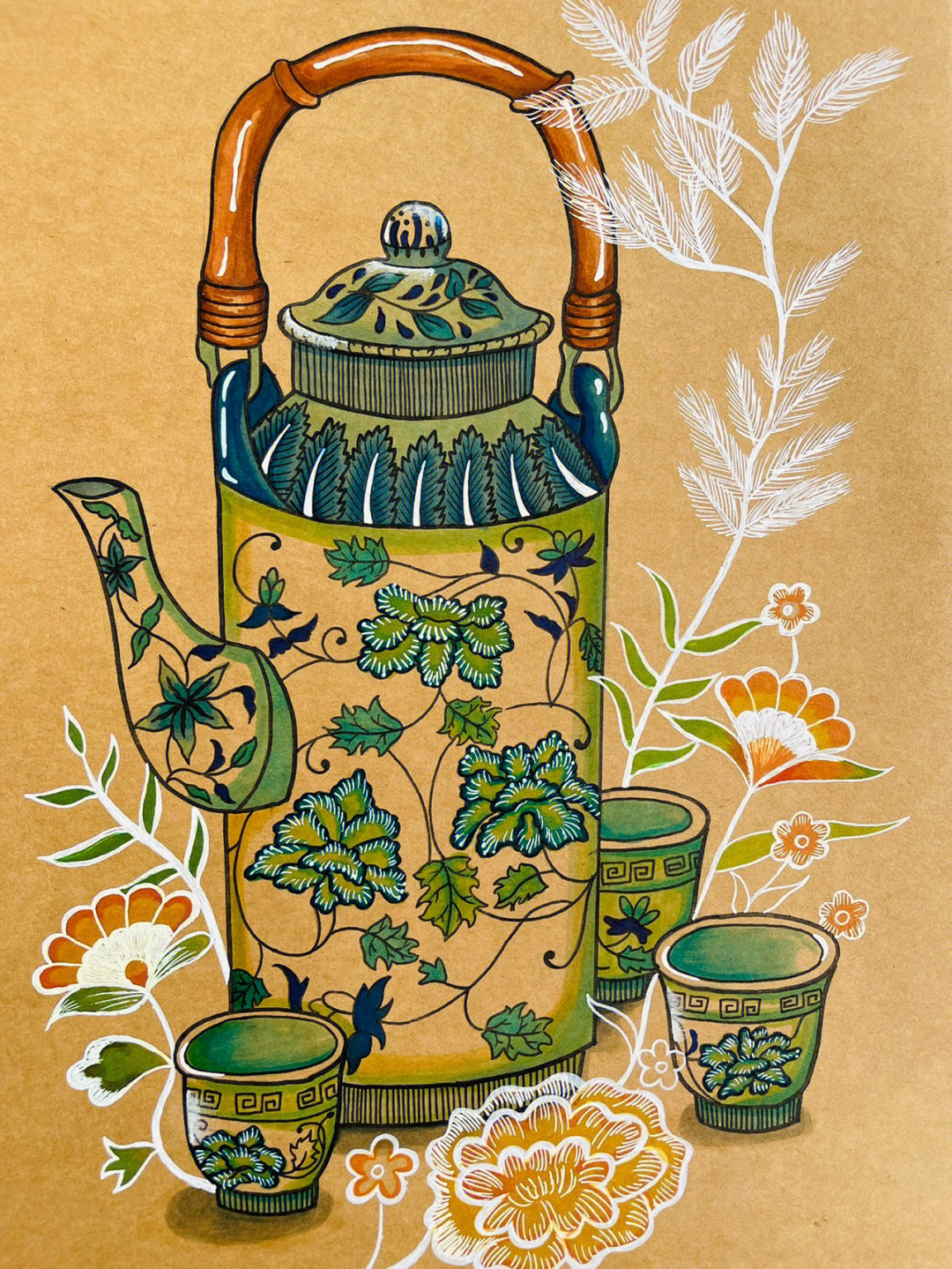 茶壶线描装饰画图片
