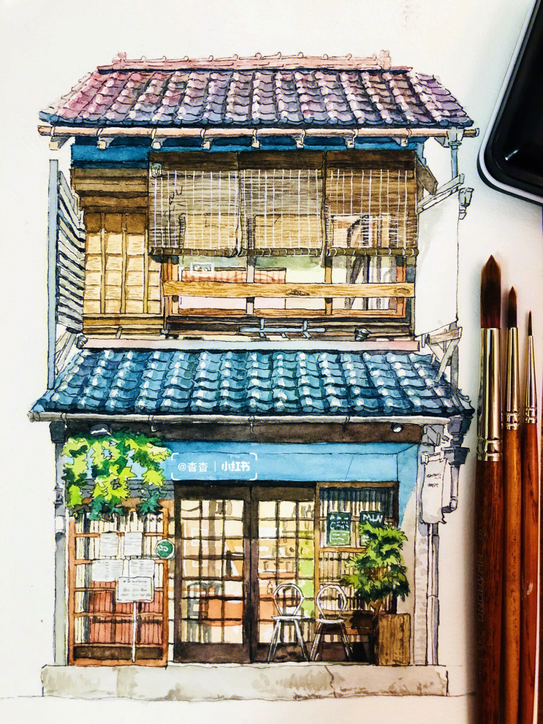 手绘水彩日式风格咖啡馆