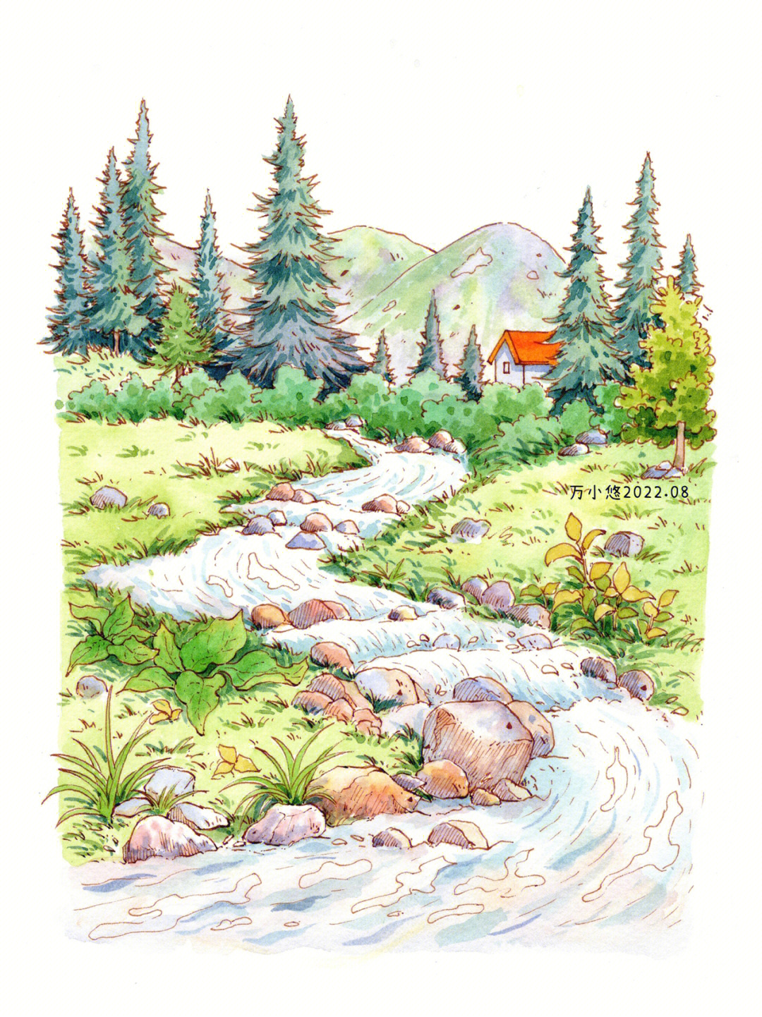 钢笔淡彩野外溪流边水彩绘画步骤图素材