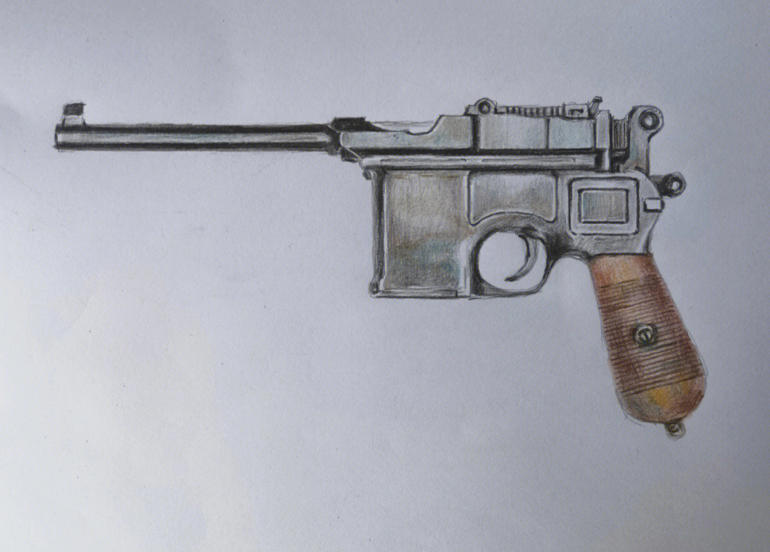 彩铅手绘德国毛瑟1896式手枪过程图