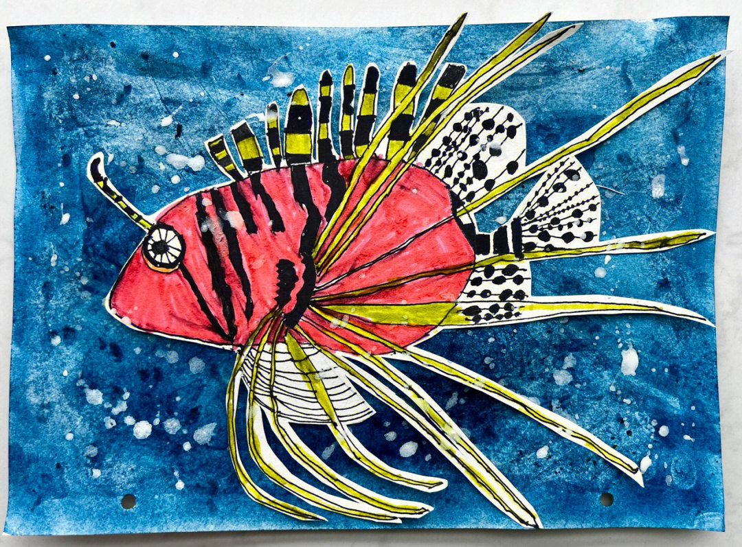 儿童画狮子鱼肌理大海背景美术私教10