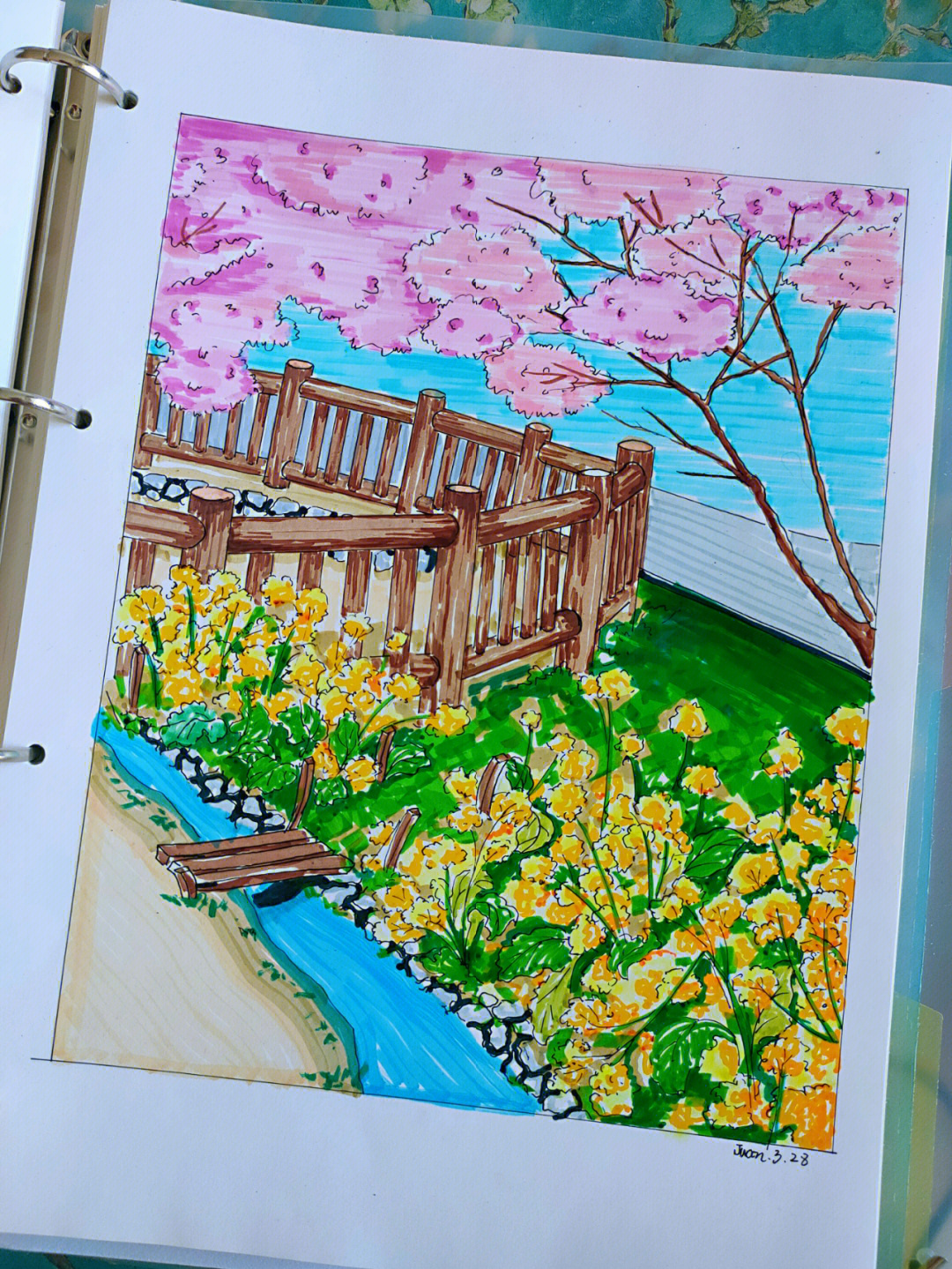 风景马克笔画 樱花树图片