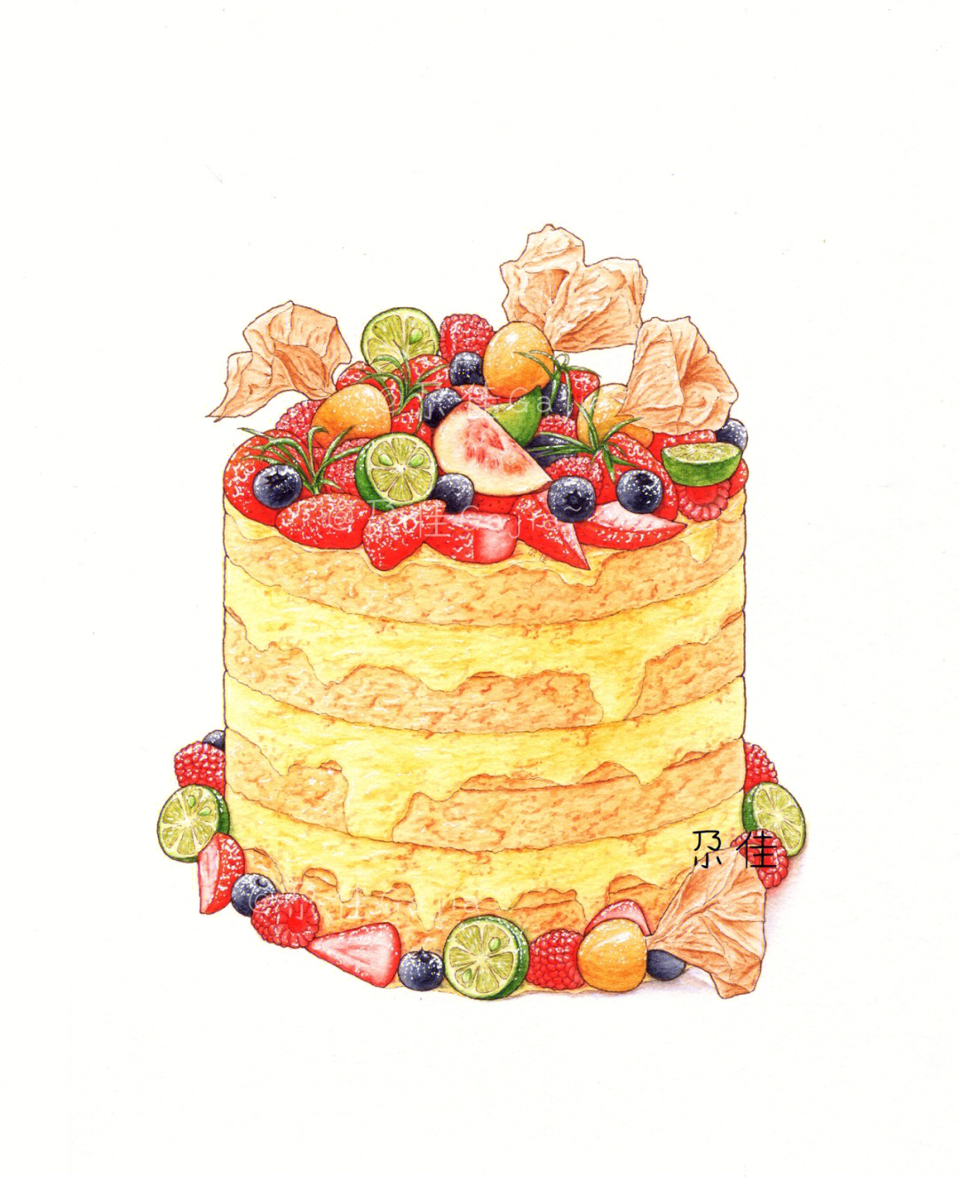 水彩写生钢笔淡彩美食手绘蛋糕