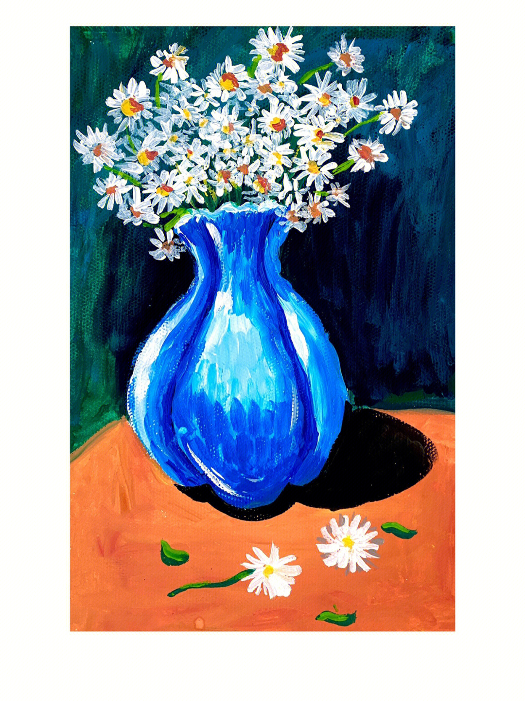 蓝色花瓶里的雏菊水粉画