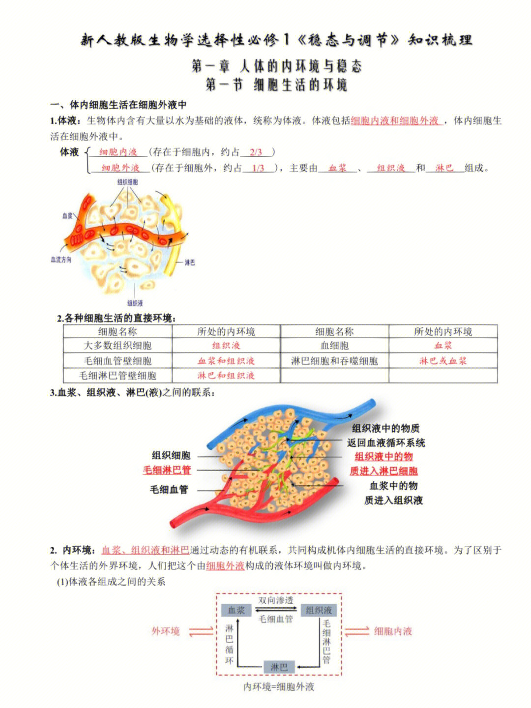 2022版高中生物选修第一册各章节知识点汇总