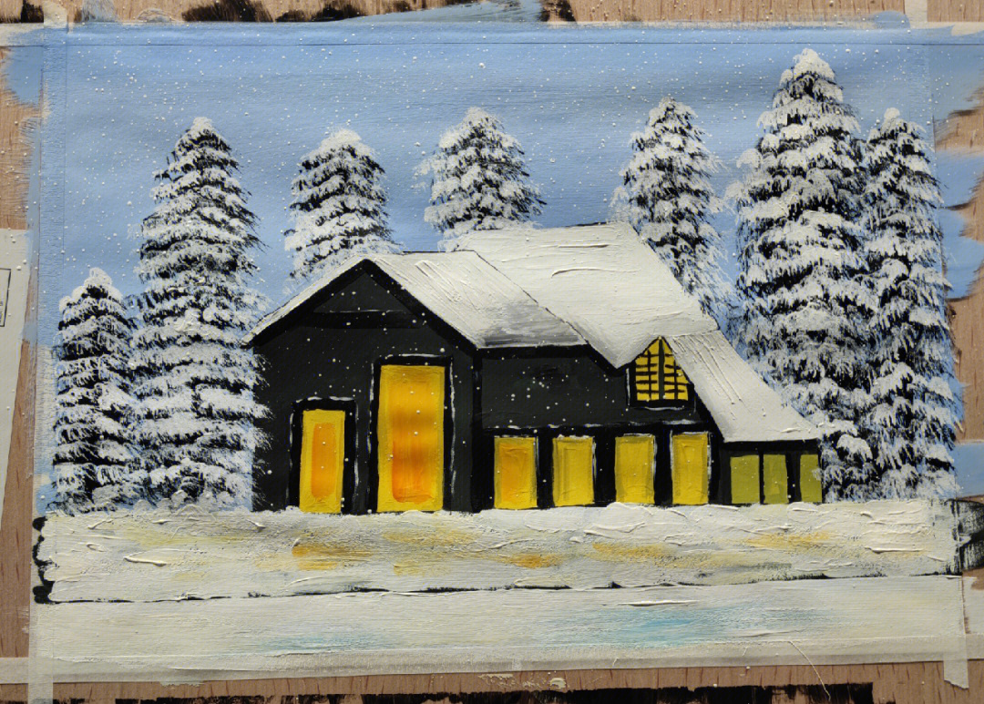 儿童水粉画冬天的景色林中小木屋
