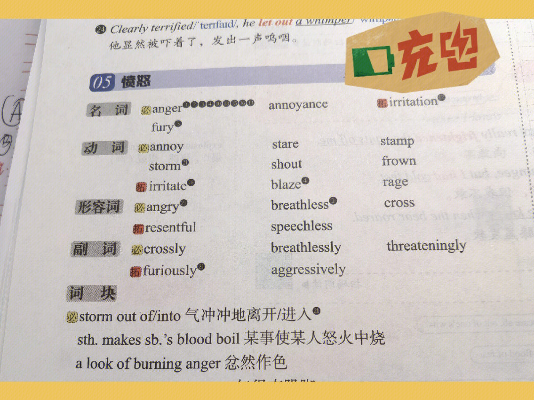 名词:anger, annoyance, irritation, fury;95动词:annoy, stare