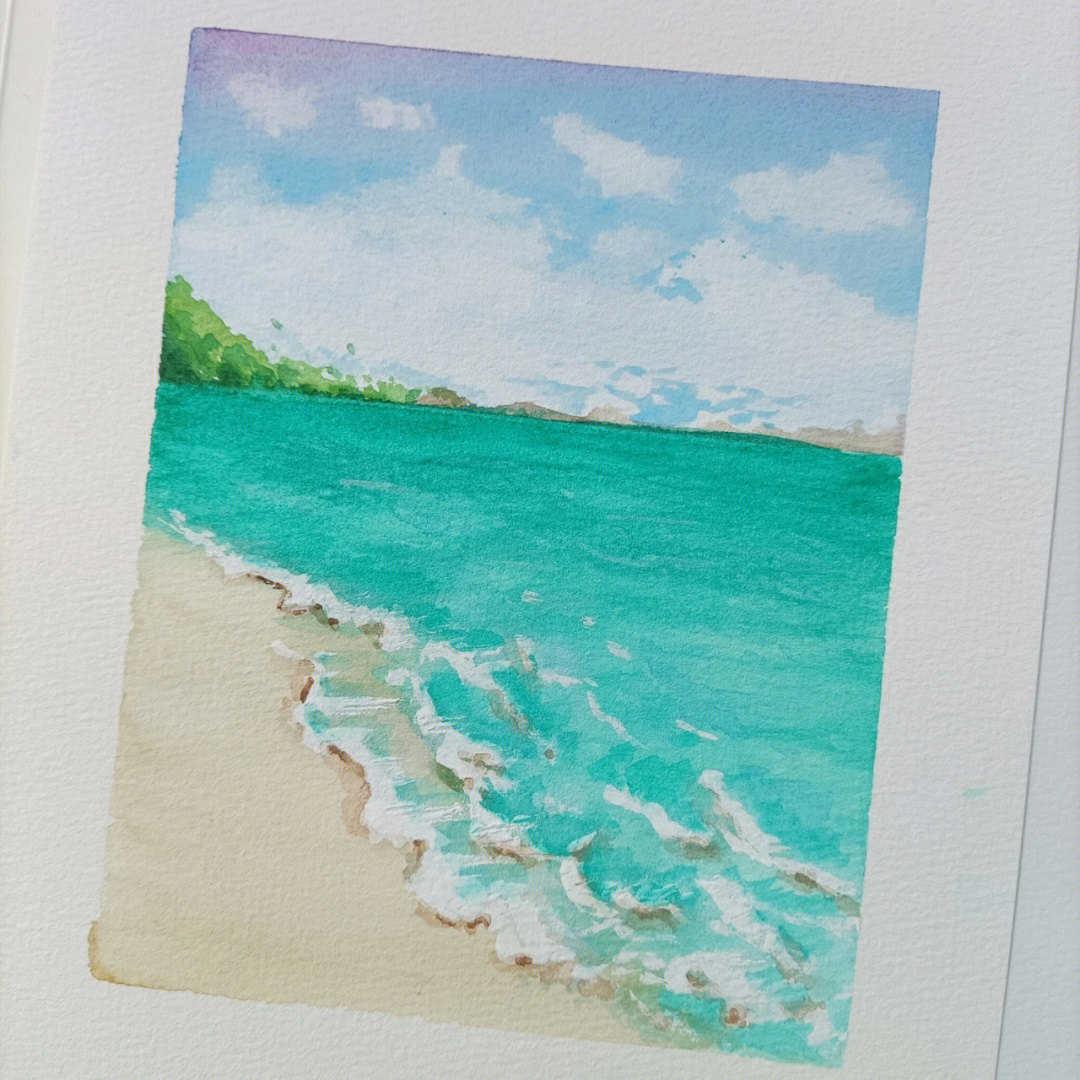 水彩风景画简单海边图片