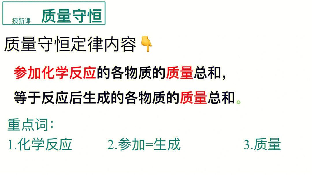 参加=生成‼️所有化学反应都是符合质量守恒定律的考点:质量守恒